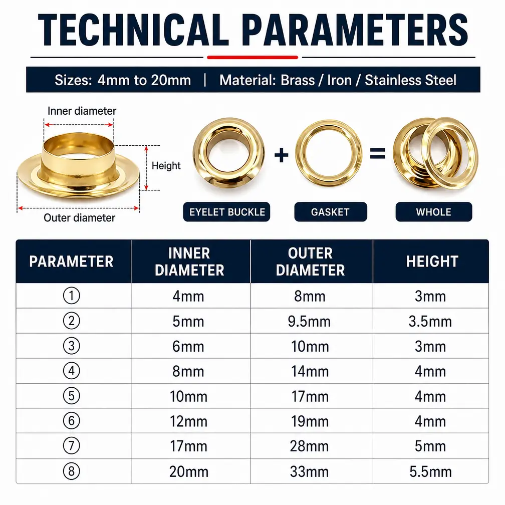 Eyelet and grommet dimension chart