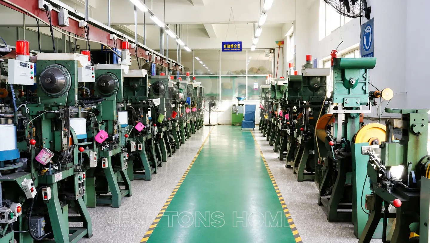Button forming machines arranged along a workshop aisle