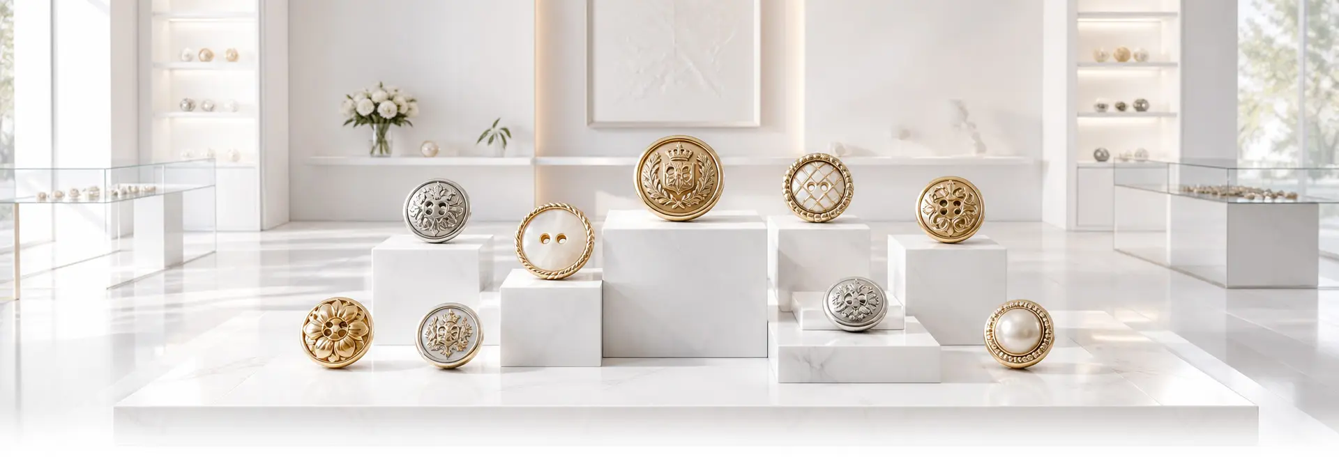 Botões decorativos em tom dourado e prateado sobre bases de exposição brancas